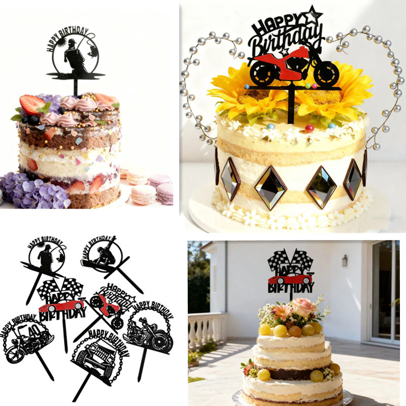 Baby Clothing Types - 複数の種類の自動車ハッピーバースデーケーキトッパーブラックアクリル子供の誕生日パーティーケーキトッパーデザートデコレーションベビーショー