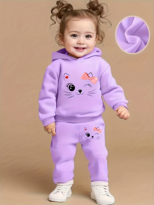 Baby Clothing Clearance - 春秋の女の赤ちゃんの漫画プリントフード付きフリース長袖スウェットシャツとパンツかわいいツーピースセット幼児用