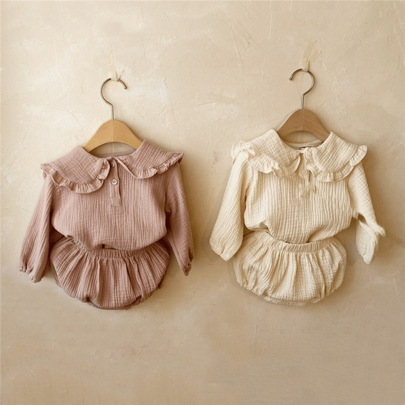 Baby Clothing Organic - 女の子のためのオーガニックコットンの衣服,フリルの襟と長袖のラペルシャツ,トップとパンのパンツ,カジュアルな韓国の服,新生児,2個